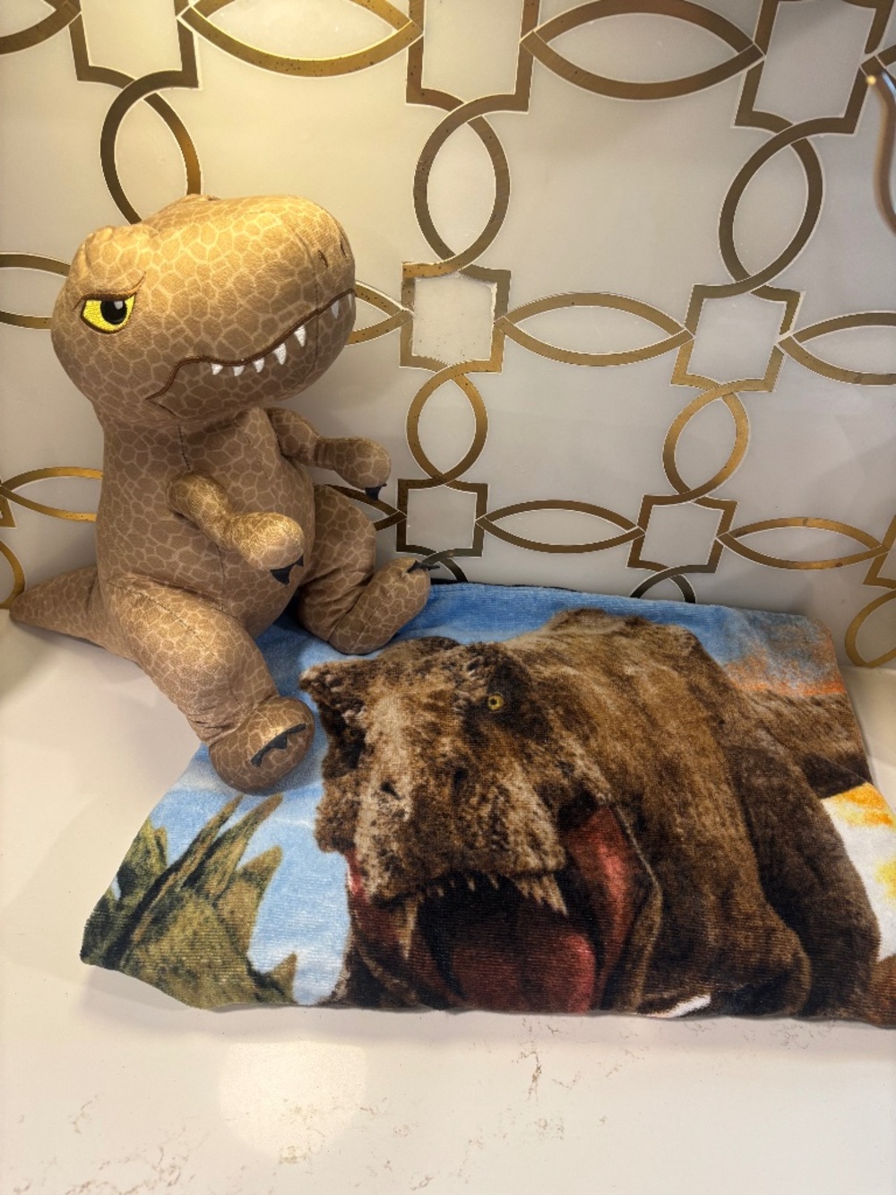 Jurassic World Dominion T-Rex Dinosaur 10" Plush 2022 and Hooded Towel Bundle